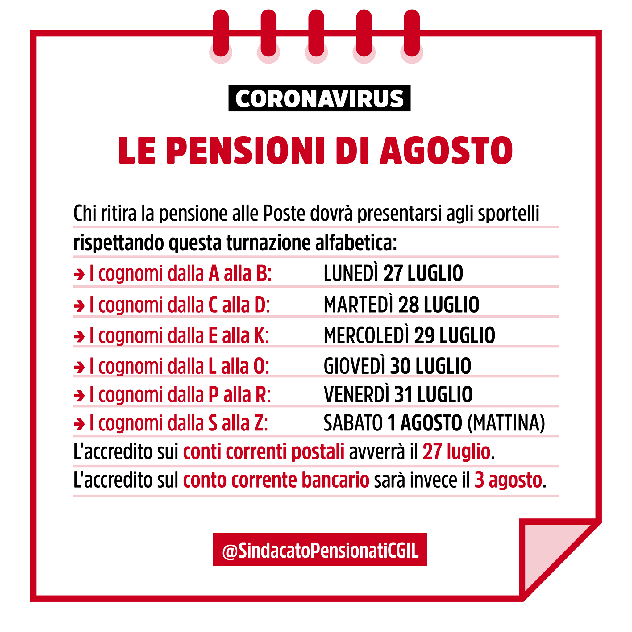 Pagamento mensilità di agosto alle Poste